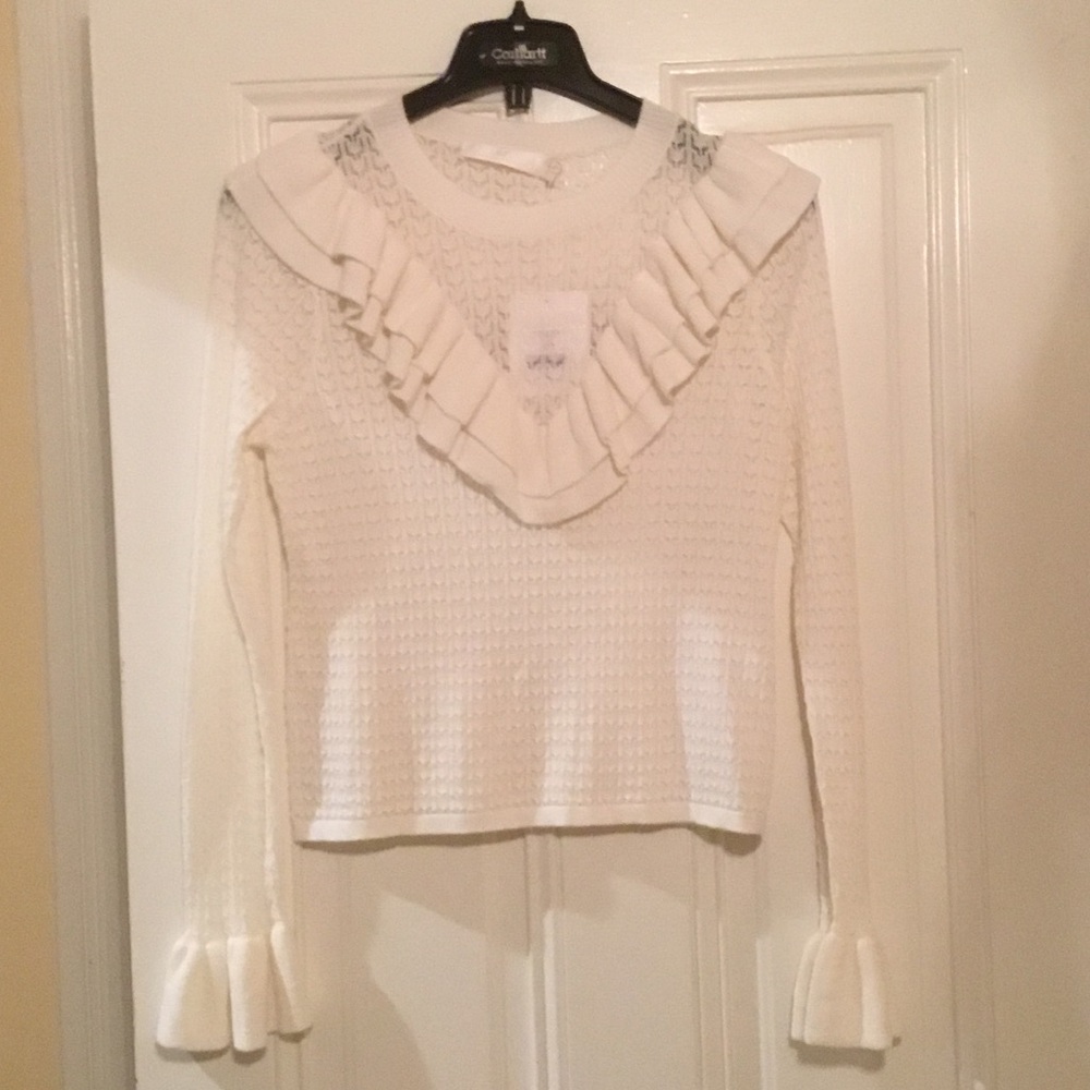 Rachel Parcell Cream Ruffle-Trim Knit Sweater